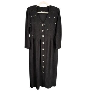 80s Vintage Maxima U.S.A. Black Maxi Dress Long Sleeve Button‎ Pearl Details